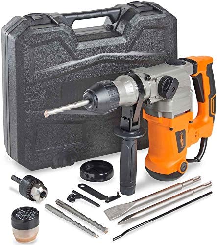 VonHaus 1-3/16” SDS-Plus Heavy Duty Rotary Hammer Drill 10 Amp – Vibration Control, 3 Functions – With Drill Demolition Kit, Grease, Chisels, Drill Bits and Case – Suitable for Concrete, Wood, Steel