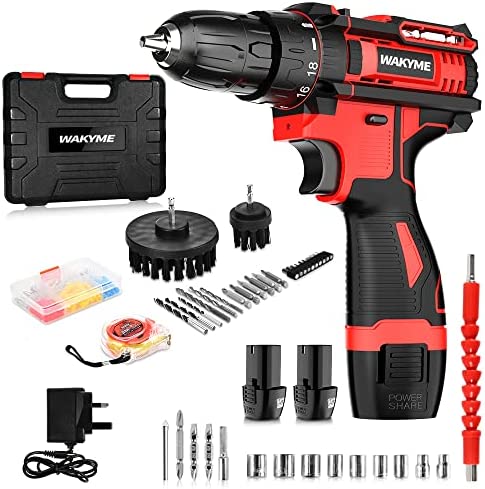 WAKYME 12.6V Cordless Drill Driver Kit, Power Drill with 2 Batteries,30Nm, 18+3 Clutch, 3/8″ Keyless Chuck, LED Light, Variable Speed Electric Screw Driver for Drilling Wall, Bricks, Wood, Metal