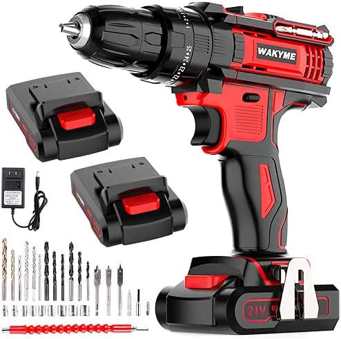 WAKYME 21V Impact Drill with 2 Batteries, Cordless Drill Driver 350 In-lb Torque 25+3 Clutch, 3/8″ Keyless Chuck, Variable Speed, Built-in LED Power Drill for Drilling Wall, Brick, Wood, Metal