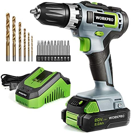 WORKPRO 20V Cordless Drill/Driver Kit, 3/8”, 18+2 Torque Setting, Variable Speed, 2.0 Ah Li-ion Battery and 1 Hour Fast Charger