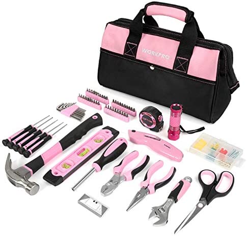 WORKPRO Pink Tool Kit, 106-Piece Lady’s Home Repairing Tool Set with Wide Mouth Open Storage Bag – Pink Ribbon