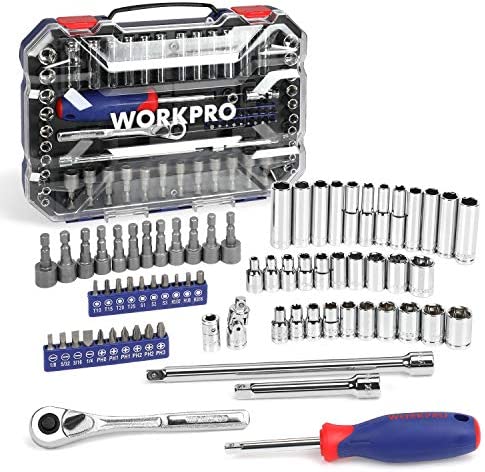 WORKPRO Socket Set, 70-Piece 1/4″ Drive Socket Set with Quick-Release Ratchet, Metric and SAE for Auto Repairing & Household, W003068A