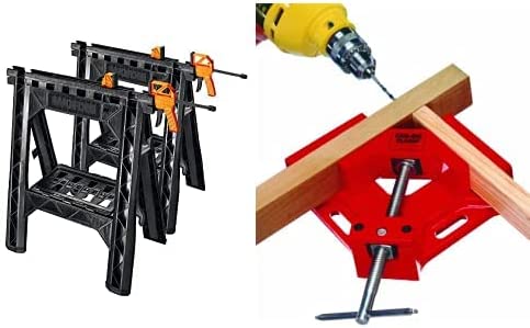 WORX Clamping Sawhorse Pair with Bar Clamps, Built-in Shelf and Cord Hooks – WX065 & Can-Do Clamp