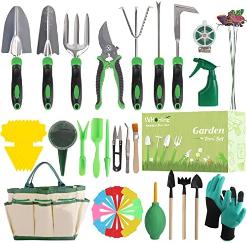 Whonline Garden Tool Set, 87 Piece Heavy Duty Gardening Tools Starter Kit with Tote Organizer, Succulent Plant Tools Gift for Women and Men