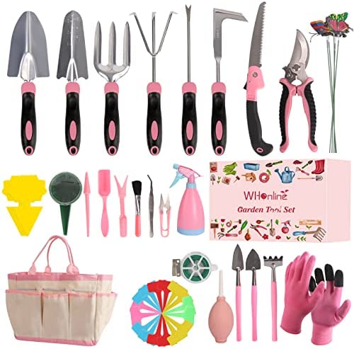 Whonline Pink Garden Tool Set for Women, 31Pcs Succulent Gardening Tool Kit, Heavy Duty Stainless Steel Aluminum Non-Slip Ergonomic Handle Tools Durable Storage Tote Bag Gardening Gifts