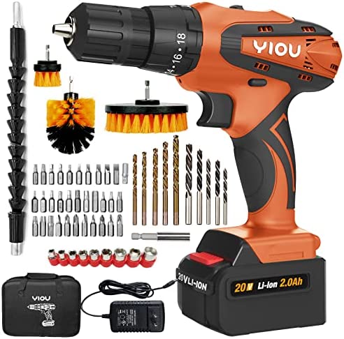 YIOU 20V MAX Cordless Drill/Driver Kit with Battery and Charger,56pcs ACC &Tool Bag,Power/Impcat Drill Set with 3/8″ Keyless Chuck,18+3 Clutch,310 In-lb Torque,Drill Brush Set for Bathroom,Car,Shower