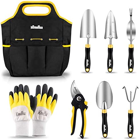 hOmeHua Garden Tools Set , 8 Piece Stainless Steel Heavy Duty Gardening Kit with Ergonomics Soft Rubberized Non-Slip Handle, Tote Bag, Gloves, Trowel, Weeder Tools – Garden Gifts Packing for Men Women